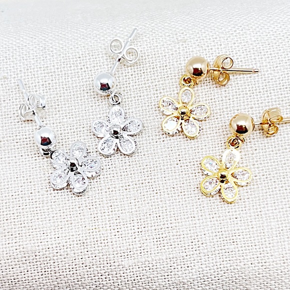 CZ Flower Stud Dangle in Gold Filled or Sterling Silver, Small Flower Dangle - Picture 3 of 10